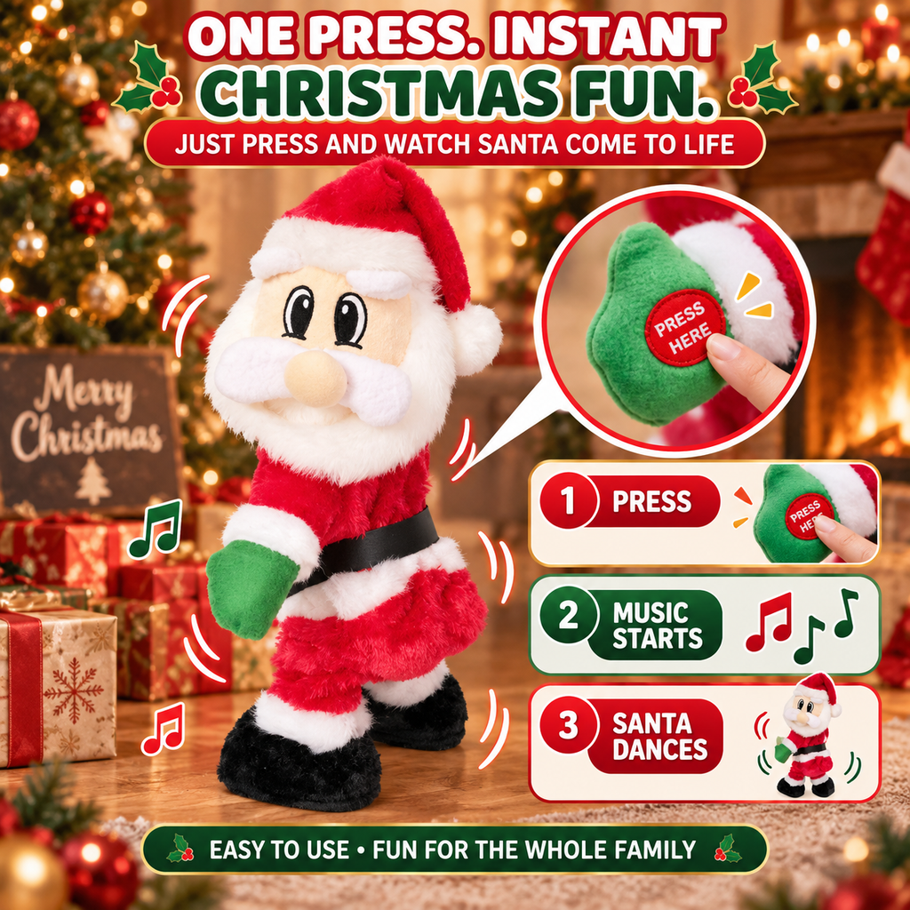 Press the button on Santa's hand to start music and dancing