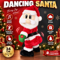 Dancing Santa plush toy on a red and black background