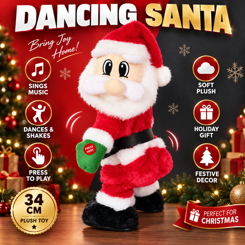Dancing Santa plush toy on a red and black background
